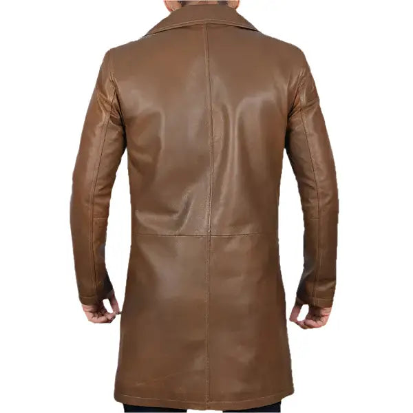 Mens Distressed Brown Leather Winter Trench Coat