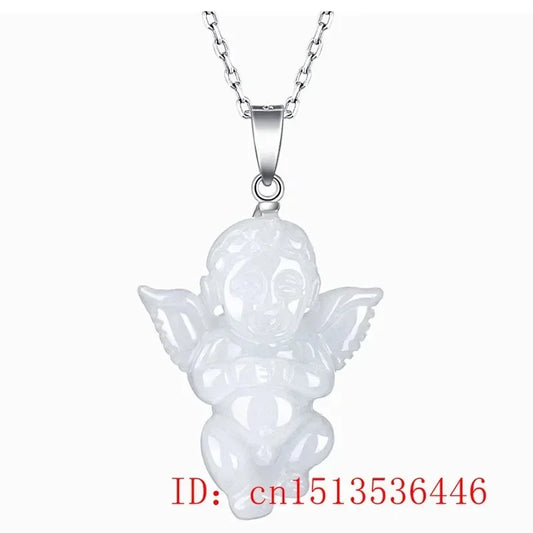 Natural Emerald Carved Lucky Angel Jade Pendant Chinese Necklace Charm Jewellery Fashion Amulet Luck Gifts for Man Women