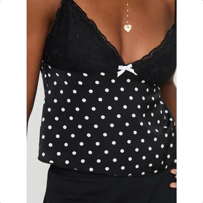 Women Polka Dot Y2k Cami Tank Top Halter Neck Spaghetti Strap Going Out Tops