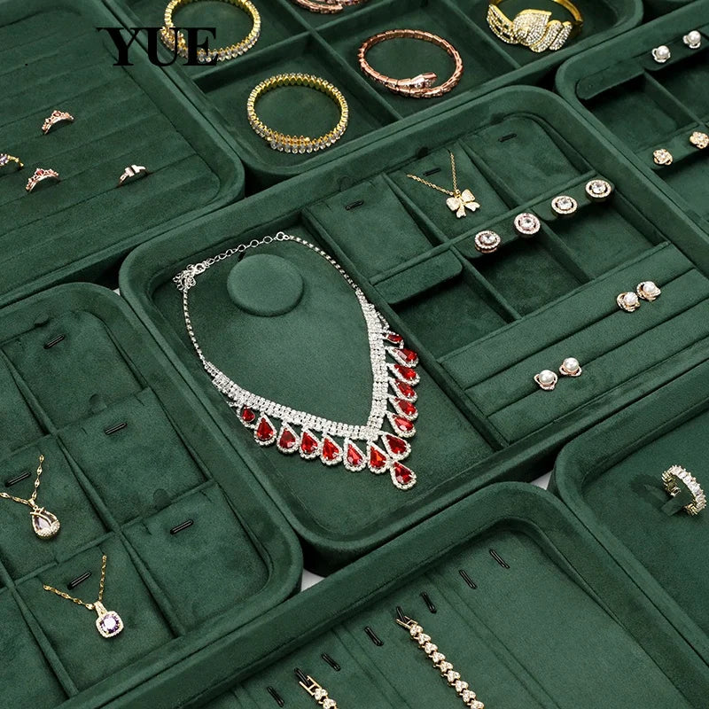 Velvet Jewelry Tray Set Multi-Compartment Storage for Rings Earrings Necklaces Watches Jewellery Organizer Tray Green