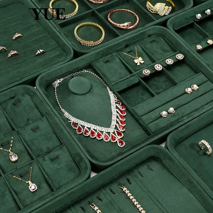 Velvet Jewelry Tray Set Multi-Compartment Storage for Rings Earrings Necklaces Watches Jewellery Organizer Tray Green