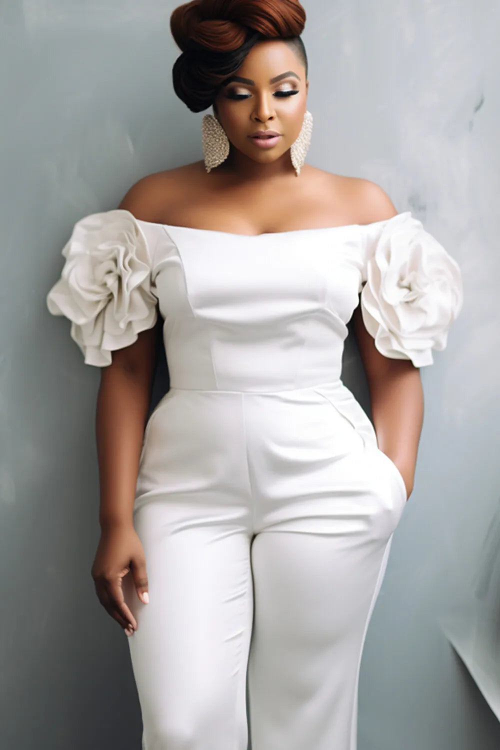 Plus Size Formal White Elegant Off The Shoulder Short Sleeve 3D Pocket Jumpsuits