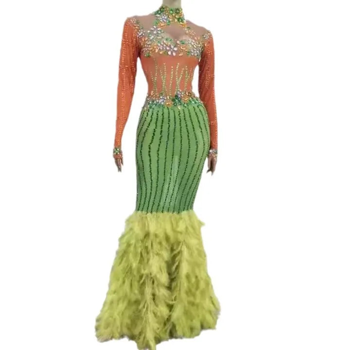 Diamond Birthday Clothing New Year's Shiny Diamond Yellow Feather Fancy Evening Dress Elegant Dinner Network Luxury Prom Dresses