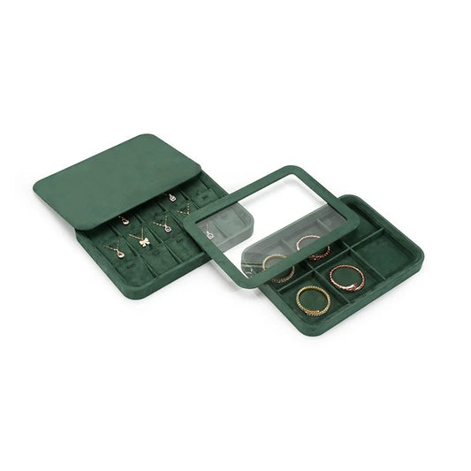 Velvet Jewelry Tray Set Multi-Compartment Storage for Rings Earrings Necklaces Watches Jewellery Organizer Tray Green