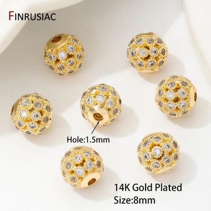 18K Gold Plated Brass Hollow Round Beads,8mm Ball Beads,Inlaid Zircon Spacer Beads For DIY Bracelets Neckalce Making Accessories