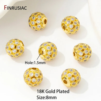 18K Gold Plated Brass Hollow Round Beads,8mm Ball Beads,Inlaid Zircon Spacer Beads For DIY Bracelets Neckalce Making Accessories