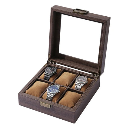 Wood Grain PU Leather Square 6-Bit Watch Storage Collection Display Box High-End Watch Jewelry Storage Box Men Jewellery Box