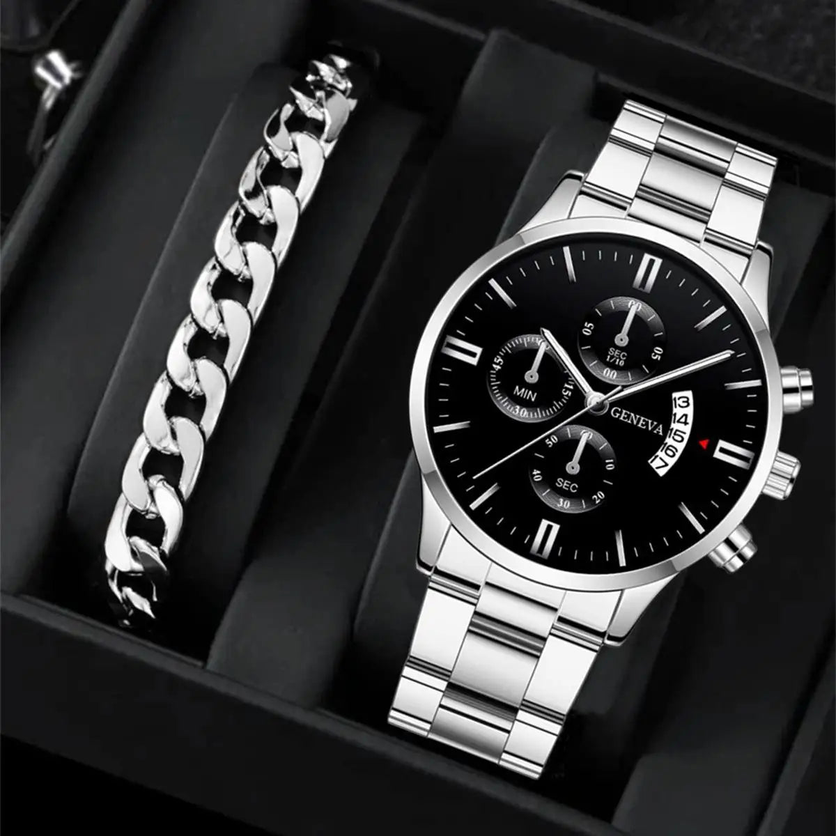 fashion calendar watch trend sports men's steel band wristwatch business pop hand jewellery set waterproof men's watch