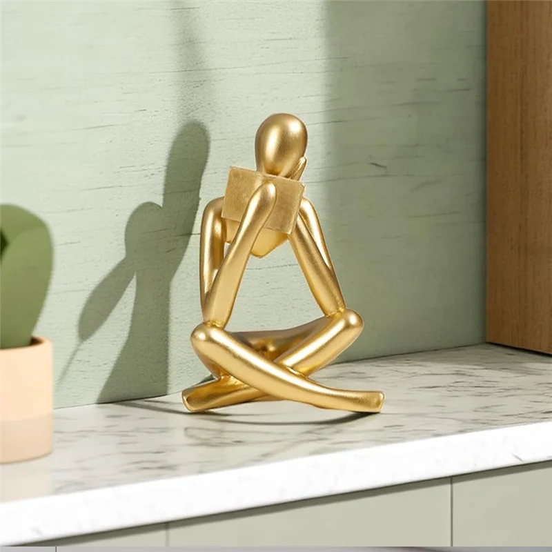 AB68 Thinkers Sculptures,Gold Thinkers Resin Statue Reading Ornament,Thinkers Sculpture Decoration, Modern Book Decor Durable A
