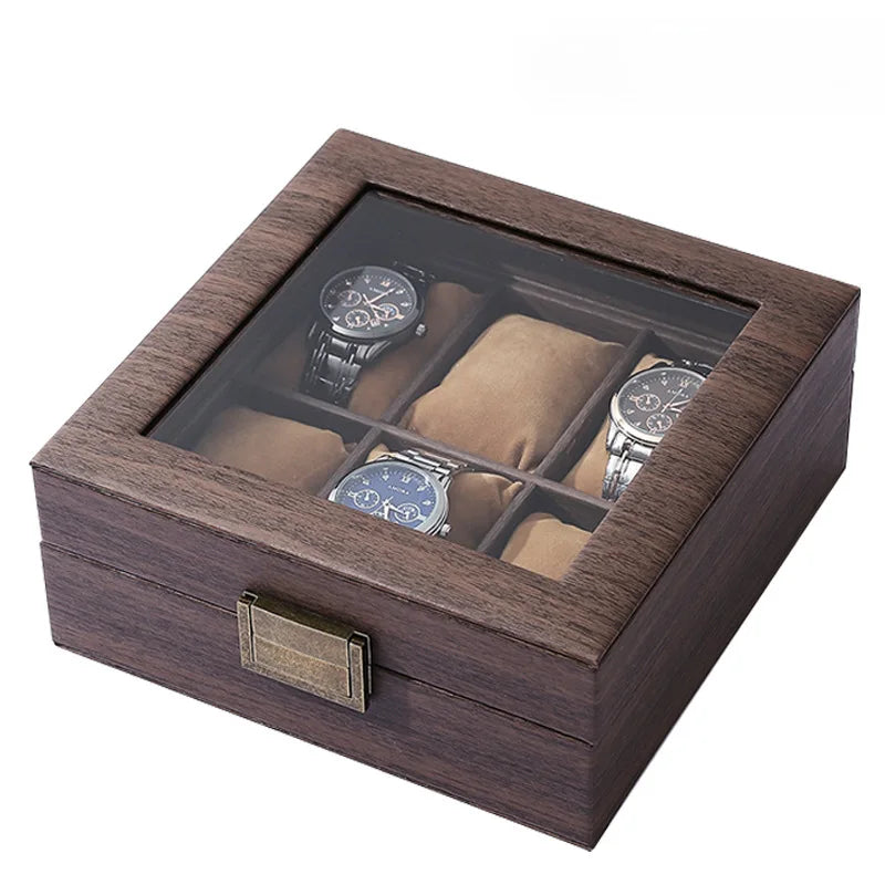 Wood Grain PU Leather Square 6-Bit Watch Storage Collection Display Box High-End Watch Jewelry Storage Box Men Jewellery Box