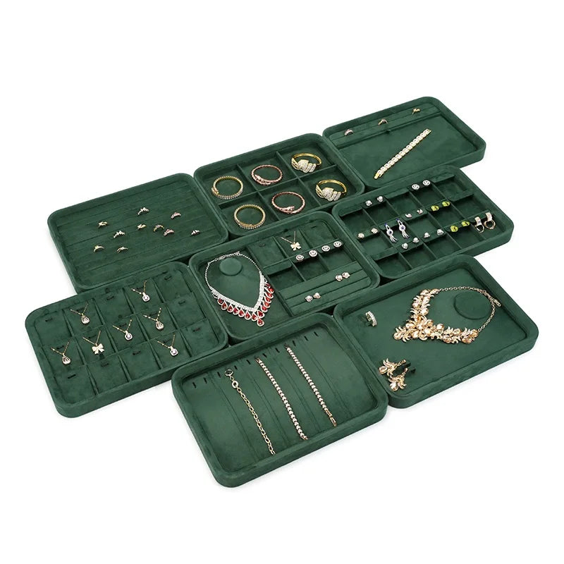 Velvet Jewelry Tray Set Multi-Compartment Storage for Rings Earrings Necklaces Watches Jewellery Organizer Tray Green