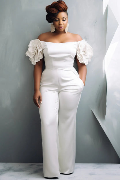 Plus Size Formal White Elegant Off The Shoulder Short Sleeve 3D Pocket Jumpsuits