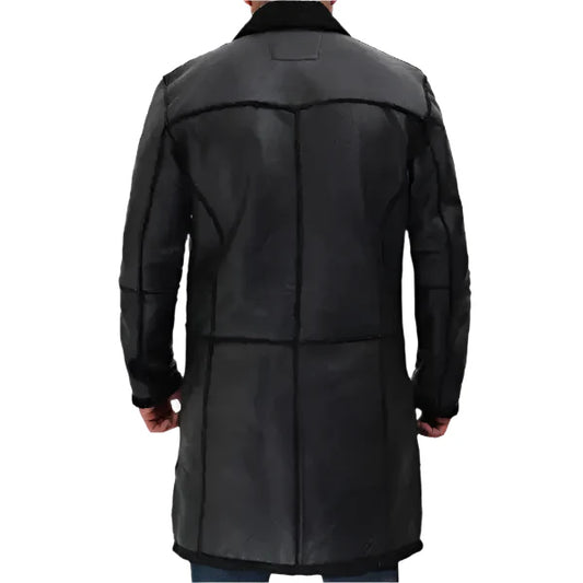 Mens Black Winter Shearling Leather Trench Coat