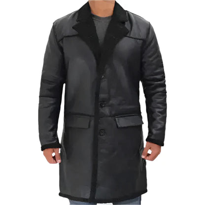 Mens Black Winter Shearling Leather Trench Coat