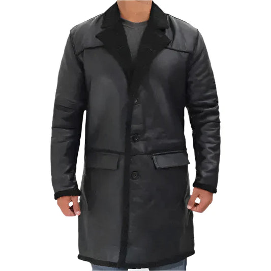 Mens Black Winter Shearling Leather Trench Coat
