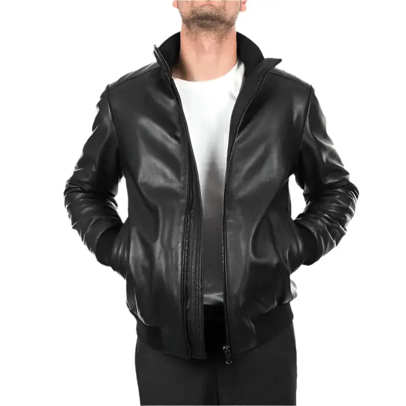 Mens Black Lambskin Leather Bomber Jacket-0
