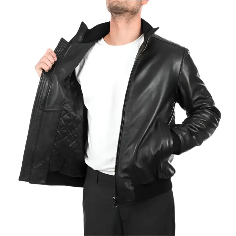 Mens Black Lambskin Leather Bomber Jacket-4
