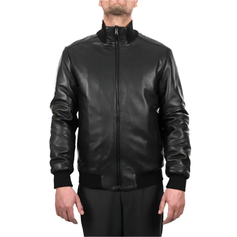 Mens Black Lambskin Leather Bomber Jacket-1