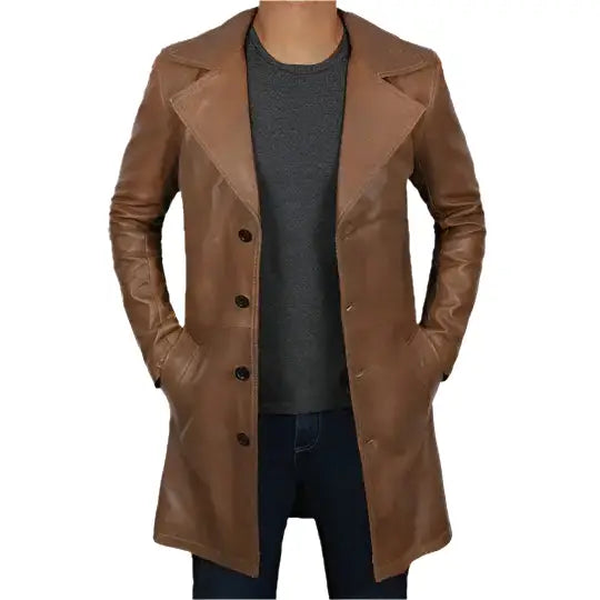 Mens Distressed Brown Leather Winter Trench Coat