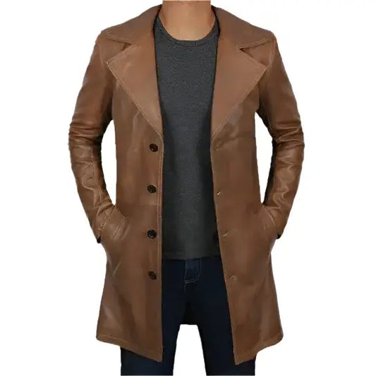 Mens Distressed Brown Leather Winter Trench Coat