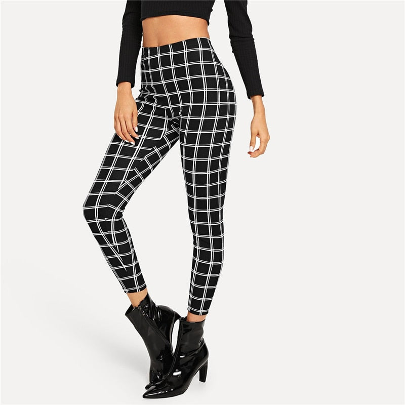 Wide Waist Plaid Leggings Elegant Office Lady Skinny Women Autumn Workwear Highstreet Minimalist Leggings