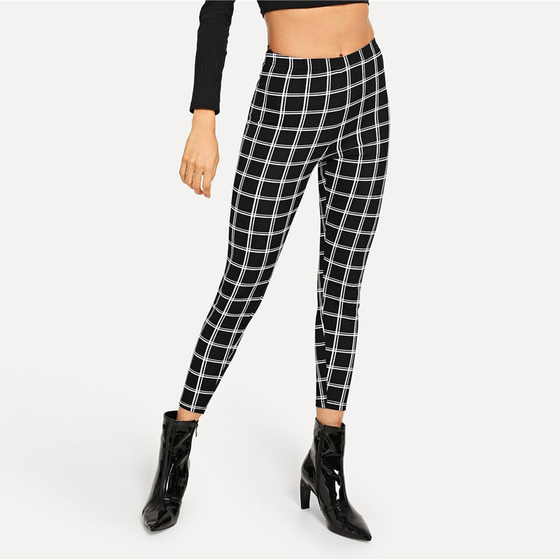 Wide Waist Plaid Leggings Elegant Office Lady Skinny Women Autumn Workwear Highstreet Minimalist Leggings