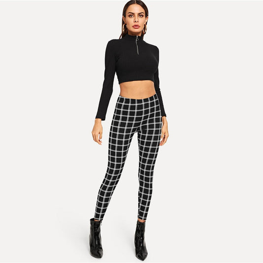 Wide Waist Plaid Leggings Elegant Office Lady Skinny Women Autumn Workwear Highstreet Minimalist Leggings
