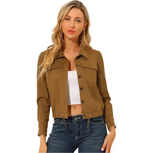 Women’s Brown Suede Point Collar Button-Down Cropped Moto Biker Jacket-0