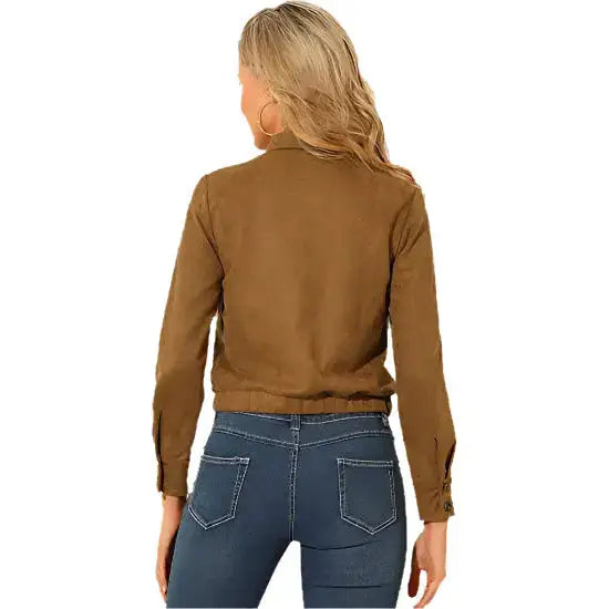 Women’s Brown Suede Point Collar Button-Down Cropped Moto Biker Jacket-1