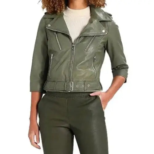 Women's Olive Green Leather Motorcycle Jacket-0