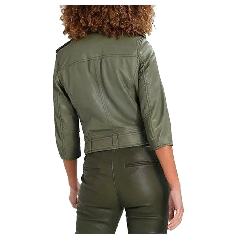 Women's Olive Green Leather Motorcycle Jacket-2