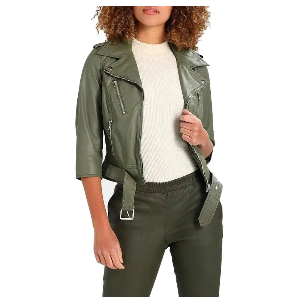 Women's Olive Green Leather Motorcycle Jacket-1